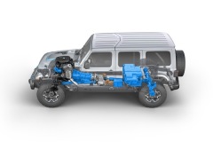 Side view of the 2021 Jeep® Wrangler Rubicon 4xe hybrid electric. Highlighted components are unique to the Wrangler 4xe.